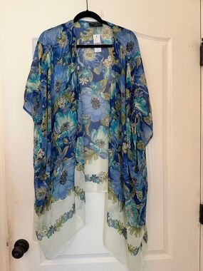 Lane Bryant Blue Floral Sheer Wrap with Teal and Green Accents